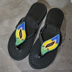 African Handmade Maasai Type Black Beaded  Genuine Leather Sandals